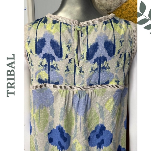Tribal Blouse Sleeveless Ladder Lace Watercolor Print Blue Green Wild Lime  XS - Picture 9 of 9